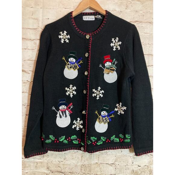 Vintage B.P. Design Sweater Womens Medium Christmas Snow Men Embroidered Ramie - Picture 1 of 13